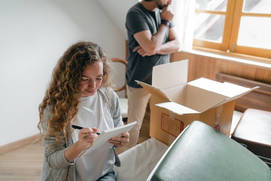 A woman with curly hair sits in a room with natural light coming through a wooden-framed window, writing in a notepad, surrounded by packing materials including an open cardboard box and a piece of furniture covered with a green protective sheet. In the background, a man dressed in casual clothing stands with his arms crossed, near a doorway, seemingly contemplating the packing and moving process. The scene depicts a home relocation environment, with visible furniture, cardboard boxes, and packing supplies consistent with furniture transport and packing activities, reflecting the typical steps involved in house removals services offered by Man with Van Enfield Town.